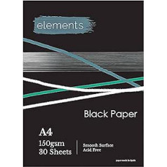 Elements A4 melns skiču bloks — A4 melns papīrs, 150 gsm m2, 30 loksnes, gluda virsma jauktiem materiāliem, grafīta un krāsainiem zīmuļiem, kokogļu eļļai, pasteļtoņiem, gēla pildspalvām