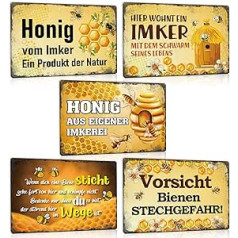 Set of 5 Vintage Tin Sign - Honey from Own Beekeeping Sign - Bees Metal Sign with Saying - Sales Sign Advertising Sign Wall Sign Decorative Gift 20 x 30 cm