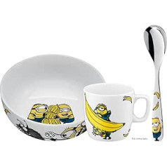 WMF Minions bērnu porcelāna trauki ar karotīti, 3 gab., no 3 gadiem, Bērnu bļoda, Bērnu krūze, Bērnu karote, Brokastu komplekts, Drošs trauku mazgājamajā mašīnā, Drošs krāsai un pārtikai