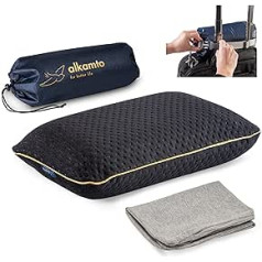 alkamto Travel Pillow - Camping Pillow - Memory Foam with Extra Cotton Cover - Includes Bag - Orthopaedic Neck Support Pillow Visco Foam - Temperature Regulation (40 x 25 x 10 cm, Black)