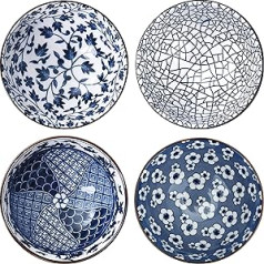 INTIRILIFE 4-daļīgs bļodu komplekts elegantā dāvanu kastītē - 11,3 x 5,5 cm - japāņu porcelāna galda piederumu komplekts zilā un baltā krāsā