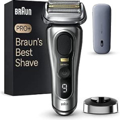 Braun Series 9 Pro+ vīriešu elektriskais skuveklis ar 5 Pro skuvekļa elementiem, garu matu griezējs, skuvekļa uzlādes futrālis, barošanas futrālis, 60 minūšu darbības laiks, dāvana viņam Valentīndienā, 9527s, sudrabs