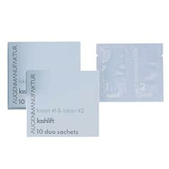 Augenmanufaktur skropstu pacelšanas losjons Double Chamber Sachets losjons Nr. 1 un losjons Nr. 2 10 gabali, katrs 1 ml — padara skropstas elastīgas un nofiksē tās