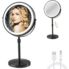 Aikelin Makeup Mirror with Lights, 3 Colour Lights, Height Adjustable, Illuminated Makeup Mirror, 1X/10X Double Sided Magnifying Mirror, Brightness Adjustable Magnification, Cosmetic Mirror