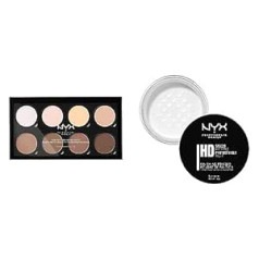 Nyx Professional Makeup Highlight & Contour Pro palete, pūdera kontūru komplekts un studijas apdares pulveris, birstošs pūderis, matēta apdare, eļļas absorbents, vegāniskā formula, caurspīdīgs