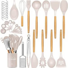 34 Pieces Silicone Kitchen Cooking Utensils Set, Heat Resistant Utensils Set with High Quality Stainless Steel Handles for Cooking and Baking, Non-Stick Spatula, Kitchen Utensils Cookware Set