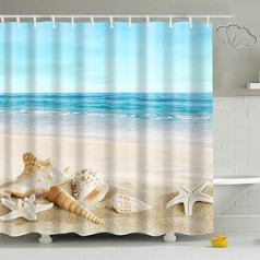 DKLFYDBG auduma pludmales dušas aizkari, 240 x 200 cm, pret pelējumu, mazgājams, zila okeāna ainava, jūras gliemežvāks, tropiski 3D dušas aizkari, vannas istaba, ūdensizturīgs, svērts (240 x 200 cm)