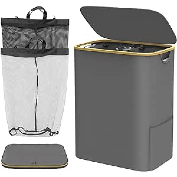 150 L Laundry Basket with 2 Compartments, Large Laundry Basket with Lid, Laundry Hamper with Laundry Separator, Removable and Washable Inner Pockets, Foldable Laundry Bag for the Bathroom (Grey)