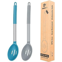 2 Large Silicone Slotted Spoons with High Heat Resistance, BPA Free, Non-Stick Cooking Ladle for Draining and Frying (Gray-Blue)