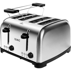 OZAVO Toaster 4 Slices, Bun Attachment, 7 Browning Levels, Centring Function, with Removable Crumb Drawer, Stainless Steel Housing, 1500-1700W (4 Slices)