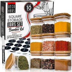 Deco haus® Spice Jars Square Airtight with Wooden Lid Set of 10 [+ Labels] - Spice Jars Set Glass - Spice Container Spice Jars Set - Spice Storage - Container for Spices - Spice Storage