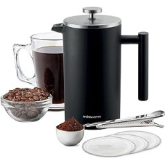 andrew james Double Wall Stainless Steel Coffee Animals Gift Set with Coffee Measuring Spoon and Bag Sealing Clip, Delicious French Press Coffee, Easy to Clean (600ml, Matte Black)