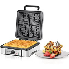 FOHERE Belgian Waffle Iron, 4 Square Waffles, Non-Stick Coating, Adjustable Temperature, Waffles with 5 Browning Levels, 1200 W Belgian Waffle Iron, Ideal for Family Celebrations