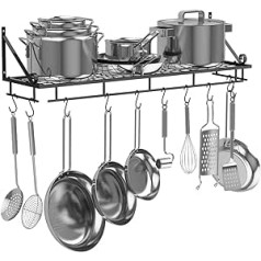 AcornFort® K-1125 90 cm Black Extra Large Kitchen Shelf, Wall Shelf for Pots, Pans, Utensils, Hanging Shelf with 10 Hooks