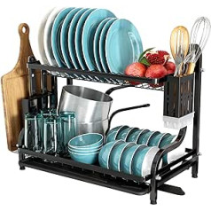 MAJALiS Dish Drying Rack for Kitchen Counter, 2 Tier Large Dish Drains, 304 Stainless Steel Dish Strainers with Draining Board Set, Dish Dryer Rack with Utensil Holder, Knife Holder (Black)