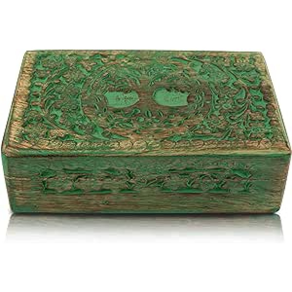 Great Birthday Gifts Handmade Decorative Wooden Jewellery Box Tree of Life Carving Jewellery Organiser Keepsake Box Treasure Chest Jewellery Holder Storage Lock Box (Green)