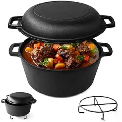 Joejis Dutch Oven 4.7L Pre-Seasoned Cast Iron Pot with 1.75L Multiuse Lid Suitable for Oven & All Hob Types - 2 in 1 Cast Iron Dutch Oven Pot for Bread Making Braising Meat Simmering Stew & More