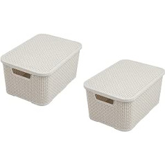BranQ Home Essential Lid Basket in Rattan Design, Set of 2, Size L, 19 L, Plastic PP, Cream
