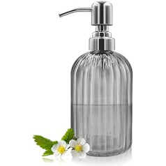 14 oz Glass Soap Dispenser with 304 Stainless Steel Pump, Refillable Hand Liquid Soap Dispenser for Bathroom, Kitchen, Worktop, Laundry Room (Dark Grey)