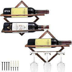 MERYSAN 2pcs Metal Wall Mounted Wine Holder Stemware Glass Rack, Vintage Brass Wall Hanging Red Wine Rack Organiser with 3 Stem Glass Holders, Bottle Rack Wine Bottle Rack for Kitchen Bar Wall Decor