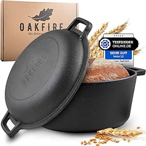 Oakfire čuguna katls 2-in-1 ar pannu, diametrs 26 cm 4,6 l, holandiešu cepeškrāsns, cepeškrāsns, kastrolis, uguns katls, kazaņa, sadedzināts ar nepiedegošo, 4 elementi, SpreadHeat — lieliska aromāta attīstība