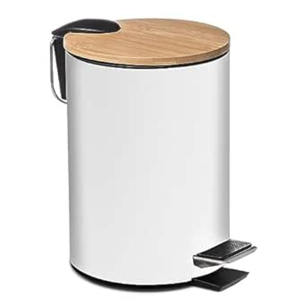 TIENDA EURASIA - Metal Waste Paper Bin with Bamboo Lid, 3L, 17 x 22.5 x 23.5 cm, Small Trash Can with Pedal Handle for Transport, Metal and Bamboo for Bathroom, Kitchen or Desk