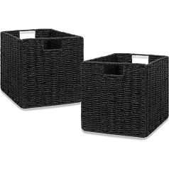 Aluusy Basket Storage Braided Set of 2 Hand-Woven Foldable Storage Baskets with Handles, 28 x 28 x 28 cm, Large Wicker Basket for Bathroom, Shelf, Kitchen, Bedroom, Learning, Living Room - Black