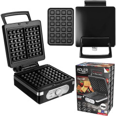 Adler AD 3056 Waffle Iron with Non-Stick Coating, 2000 W, Belgian Waffle, Double Waffle Iron, Electric Waffle Machine with Fireproof Handle