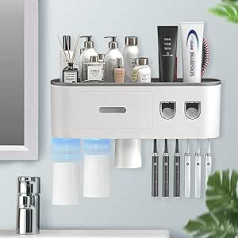 Toothbrush Holder, Wall Mounted Toothbrush Holder with Double Automatic Toothpaste Dispenser, Automatic Toothpaste Dispenser, 3 Cups and Drawer for Bathroom