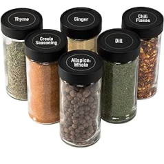 AllSpice 6 x 4oz Glass Spice Jars Same Size as Penzeys & Spice House with Black Plastic Lids and 3 Different Spreading Attachments