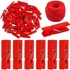 BronaGrand Pack of 50 Red Wooden Clothes Pegs, Photo Pegs, Utility Wooden Clothes Pegs, Clips, Craft Pegs with 50 Metres Cord for DIY Projects, Crafts, Home Decoration