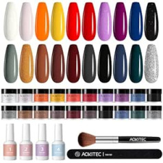 Aokitec Dipping Powder Nails Set, Aokitec 26 Pieces Dip Powder Nail Starter Kit 20 Colors Dipping Powder Acrylic Nagu Powder Glitter with Activator Base / Top Coat for Nails Art Manikīrs DIY Salon