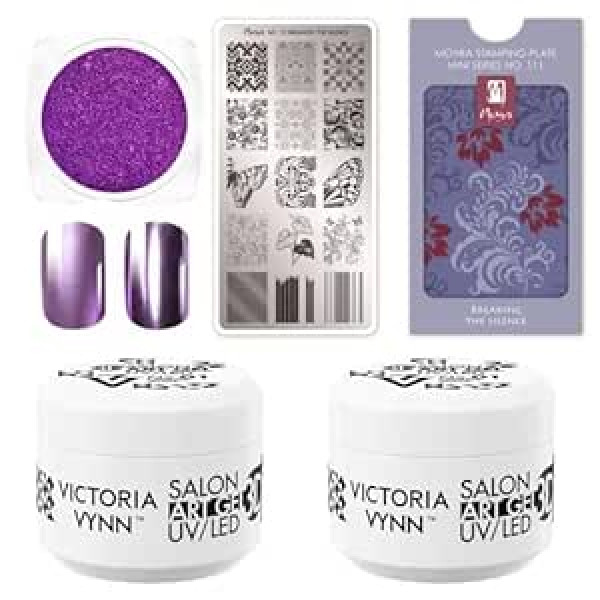 ‎Generic Nail Stamping Set: Moyra Stamp Plate Mini, Art Gel 3D UV/LED & Metallic Lilac Powder - Complete Set for Nail Design