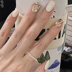 Tmut 24 Pieces Short Beige Glitter Champaign Gold Press On False Nails with Rhinestones Removable Stick on Nails for Women Girls Nail Art Accessories