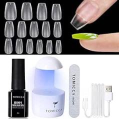 Tomicca Nail Tips and Glue Gel Kit Gel Nail X Extension Set Nail Tips and Glue Gel Nail Kit, 8 in 1 Nail Glue, 240 Pieces Soft Gel Full Cover Nail Tips Nail Extension, UV Lamp Ballerina Court