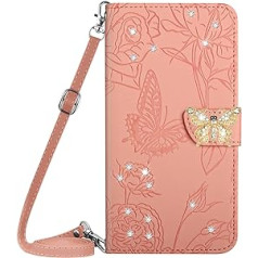 Vqwq mobilā tālruņa futrālis Xiaomi Redmi Note 11-1.5M Lanyard Glitter Butterfly aizsargmaciņš Xiaomi Redmi Note 12S 4G / Redmi Note 11 ādas futrālim kartes slots Flip Flip Case Magnet [HT03] Pink 1