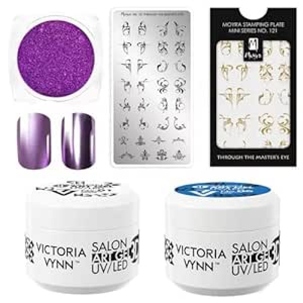 ‎Generisch Professional Nail Art Bundle: Moyra Stamp Set, Art Gel 3D UV/LED, Metallic Lilac Nail Powder - Ideal for Creative Nail Design