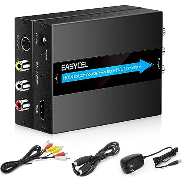 EASYCEL HDMI uz S-Video RCA pārveidotājs ar S-Video un RCA kabeli, HDMI uz Svideo RCA adapteri, HDMI uz kompozītmateriālu AV CVBS pārveidotāju, HDMI uz RCA kompozītmateriālu adapteri (alumīnijs)