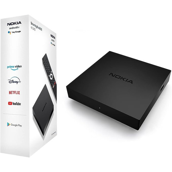 Nokia Android TV straumēšanas kaste 8000, Smart TV Box ar Android 10.0 un iebūvētu Chromecast ierīci, WiFi, HDMI, USB-C ports; Ietver Bluetooth tālvadības pulti ar aizmugurgaismotām pogām