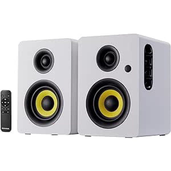 Sanyun SW206 80 W divrežīmu plaukta skaļrunis - studijas monitors un HiFi režīms - 10 cm oglekļa šķiedras skaļrunis - 25 kodolu zīda folijas augstfrekvences skaļrunis - optiskais koaksiālais TRS papildu Bluetooth 5.0 — balts