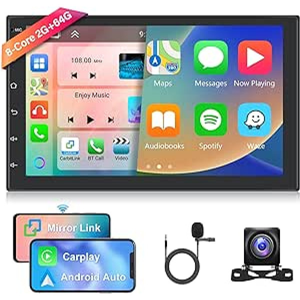 Hodozzy 2GB + 64GB Car Radio 8 Core 2 DIN ekrāns Android 13 Navigation 7 collu IPS Touchscreen Car Radio ar DSP Carplay Android Car Mirror Link WiFi GPS Bluetooth FM RDS radio uztvērējs Kamera USB