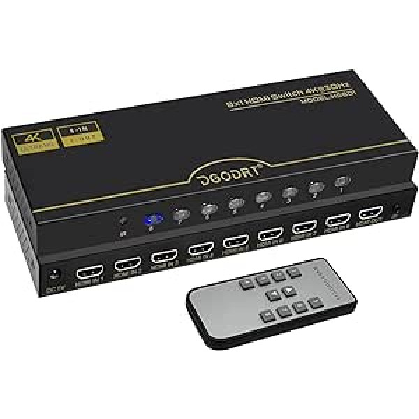 4K 30Hz HDMI slēdzis 8 in 1 Out, 8 portu automātiskais HDMI pārslēdzējs ar 5 V barošanas kabeli + IR infrasarkano staru uztvērējs, pārslēgšana uz Xbox, PS4, HDTV, TV Stick, Blu-Ray