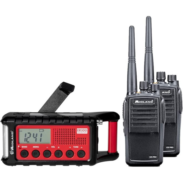 Midland PMR Premium avārijas komplekts: G15 Pro radioaparāti + kloķa radio ar korpusu, lādētājiem, baterijām, 29612 ar SOS Morzes koda funkciju, ultraskaņas suņa svilpi un saules paneli