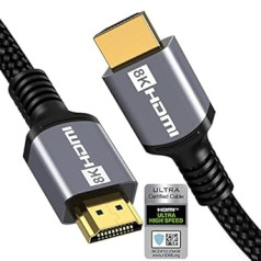 Anhuicco HDMI 2.1 Cable 4K 8K HDR Certified 15 Metres 8K 60Hz 4K 120Hz ALLM VRR FreeSync Dolby ARC eARC HDR10+ HDCP 2.3 Supports PS5 Soundbar Real 8K Fire TV