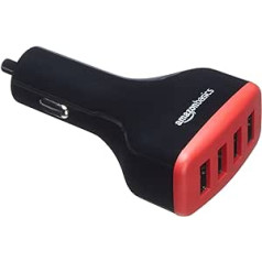 Amazon Basics - Car Charger for Apple & Android Devices, USB Port: 4 Inputs, 9.6 Amp / 48W, Black/Red