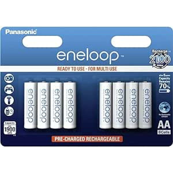 Panasonic eneloop, lietošanai gatavs Ni-MH akumulators, AA Mignon, 8 iepakojumi, min. 1900 mAh, 2100 uzlādes cikli, liela jauda un zema pašizlāde, uzlādējams akumulators, uzlādējams akumulators