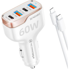 SUNDAREE cigarešu šķiltavas USB C, 60 W 12 V ~ 24 V QC PD ātrās uzlādes USB C kabelis 4 portu automašīnas mobilā tālruņa lādētāja adaptera uzlādes kabeļa adapteris Samsung A34/Google Pixel 7a/Redmi Note