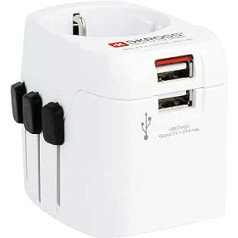 SKROSS | 1302460 | Universālais ceļojumu adapteris 2 un 3 kontaktu un ar 2 USB ligzdām - Spriegums un jauda: 100V - 630W, 250V - 1575W - Aizsardzība pret elektriskās strāvas triecienu