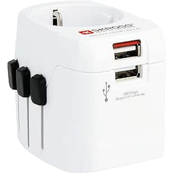 SKROSS | 1302460 | Universālais ceļojumu adapteris 2 un 3 kontaktu un ar 2 USB ligzdām - Spriegums un jauda: 100V - 630W, 250V - 1575W - Aizsardzība pret elektriskās strāvas triecienu