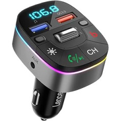LENCENT Bluetooth 5.0 automašīnas FM raidītājs, QC3.0 automašīnas lādētājs, AUX Bluetooth radio adapteris, bezvadu divi mikrofoni un dziļais bass, atbalsta brīvroku zvanus, Siri, Google palīgs